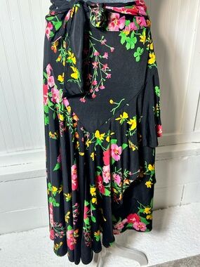 CAbi Black Floral Wrap Skirt with Pink & Yellow floral bright